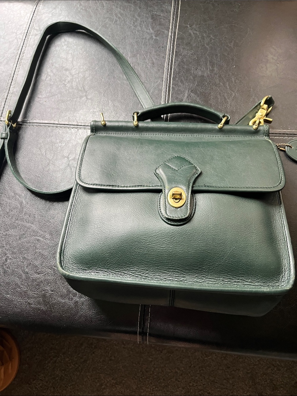 Tannery West Dark Green Leather Messenger Bag with Gold Hardware